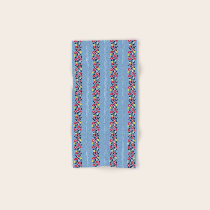 Vintage Posey Stripe Floral on Blue Linen Bath Towel Gallery Image 1