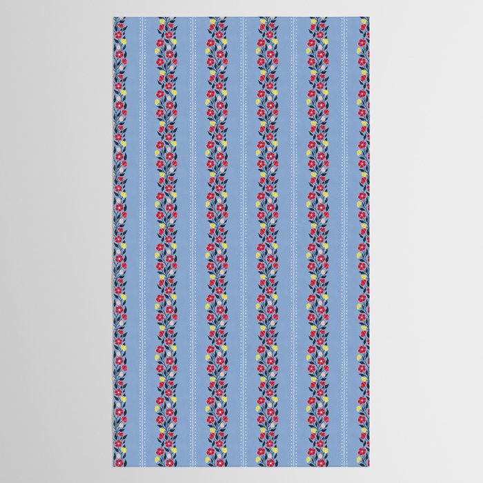 Vintage Posey Stripe Floral on Blue Linen Tablecloth Gallery Image 2