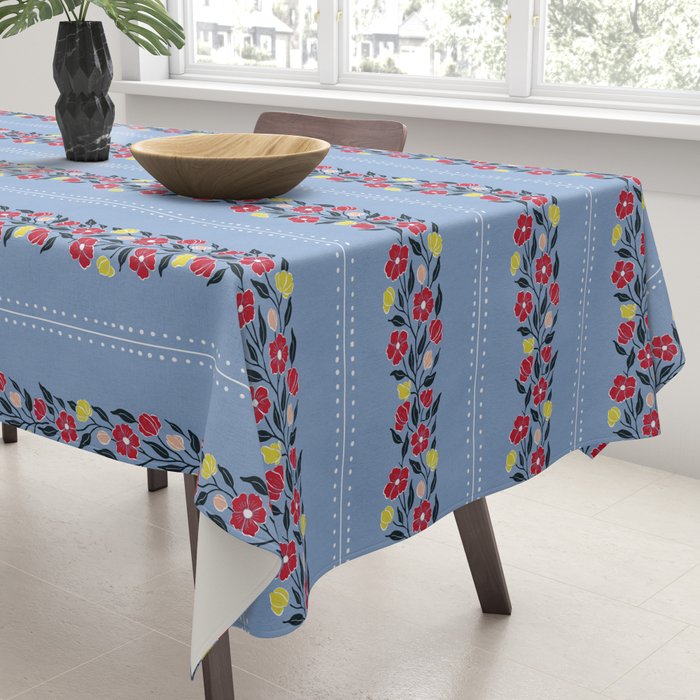 Vintage Posey Stripe Floral on Blue Linen Tablecloth Gallery Image 3