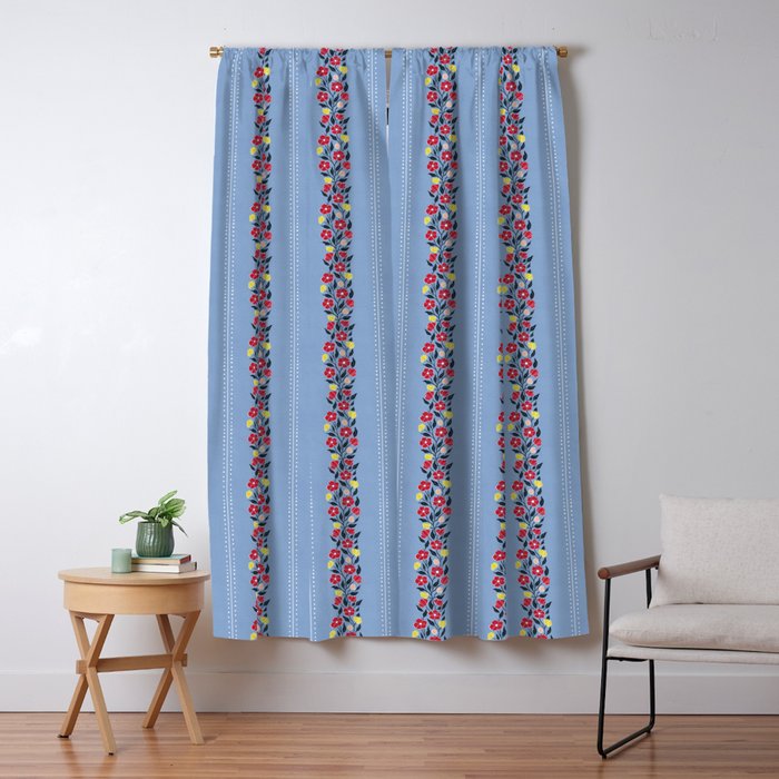 Vintage Posey Stripe Floral on Blue Linen Window Curtain Gallery Image 5