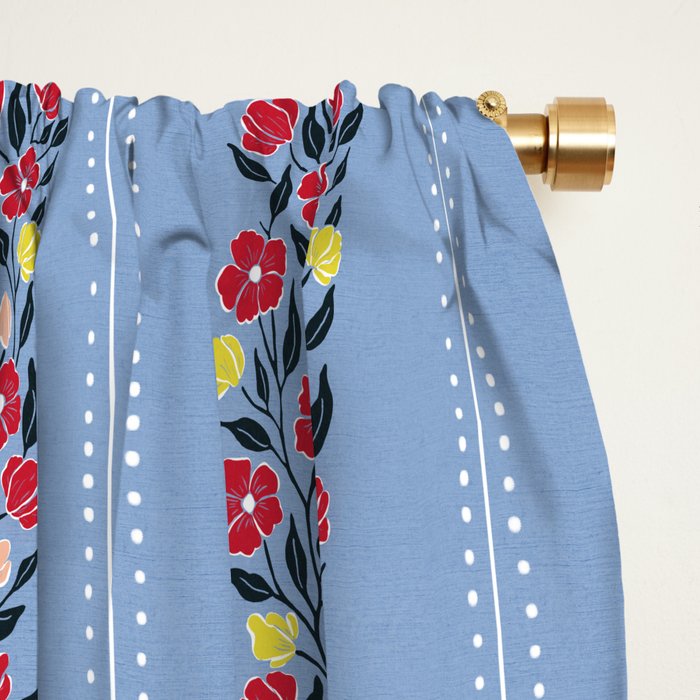 Vintage Posey Stripe Floral on Blue Linen Window Curtain Gallery Image 2