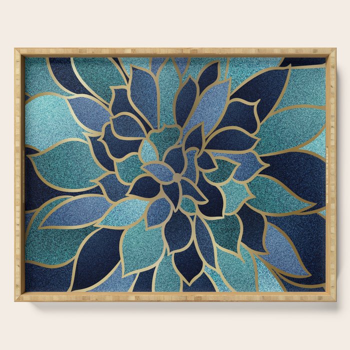 Festive, Floral Prints, Navy Blue, Teal and Gold Serving Tray Gallery Image 1