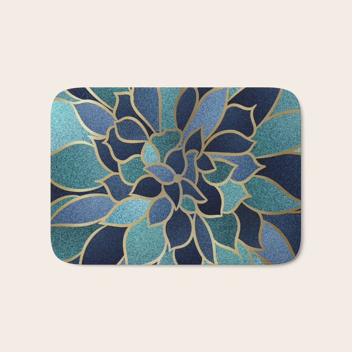 Festive, Floral Prints, Navy Blue, Teal and Gold Bath Mat Gallery Image 1