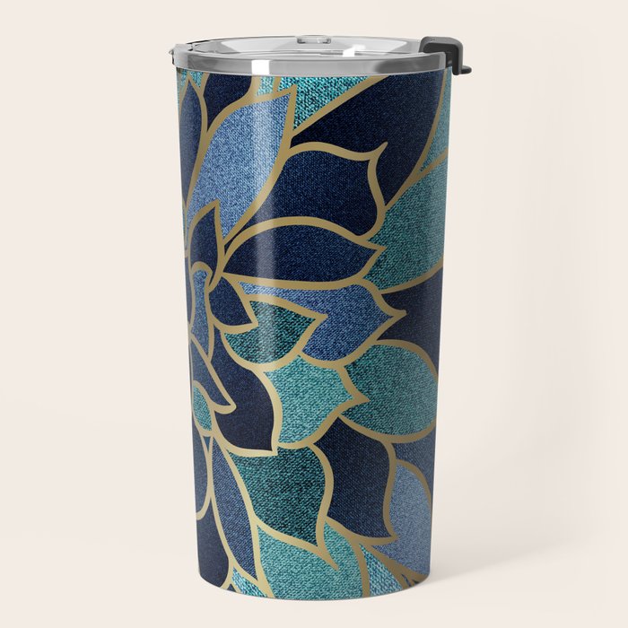 Festive, Floral Prints, Navy Blue, Teal and Gold Travel Mug Gallery Image 2