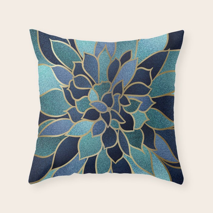 Festive, Floral Prints, Navy Blue, Teal and Gold Throw Pillow Gallery Image 6