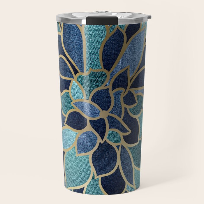 Festive, Floral Prints, Navy Blue, Teal and Gold Travel Mug Gallery Image 1