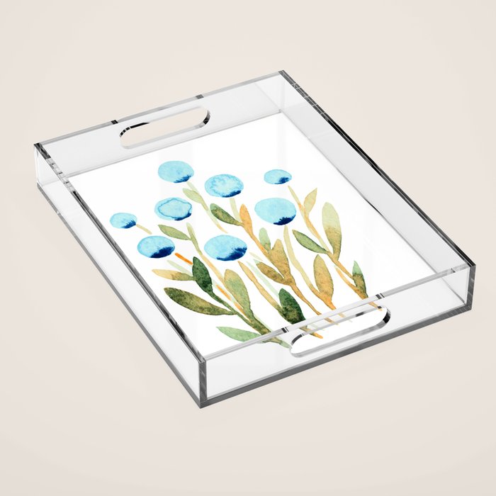 Simple watercolor flowers - blue and sap green Acrylic Tray Gallery Image 1