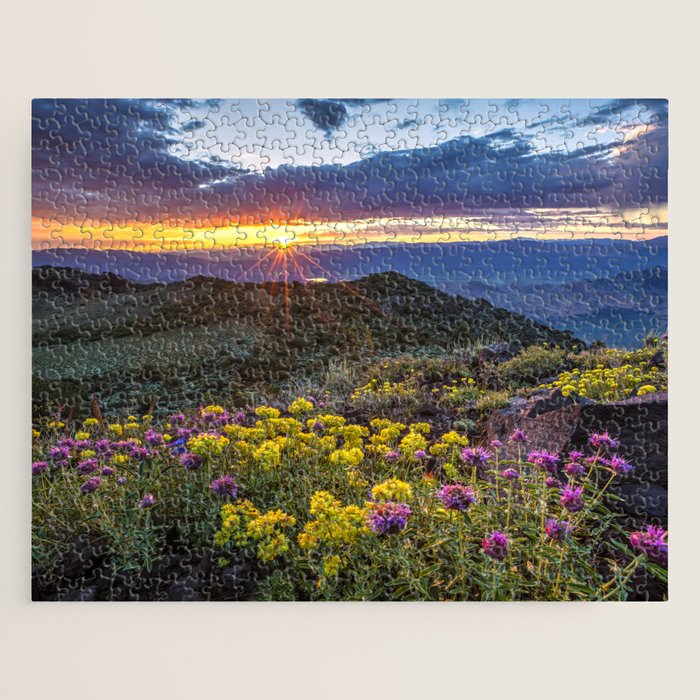 Last glimmer of mountain sunset,  Monitor Pass Topaz Lake, Nevada panoramic wildflower  photograph Jigsaw Puzzle Gallery Image 1
