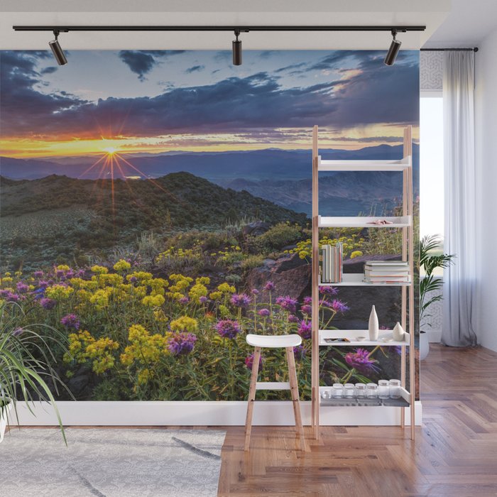 Last glimmer of mountain sunset,  Monitor Pass Topaz Lake, Nevada panoramic wildflower  photograph Wall Mural Gallery Image 1