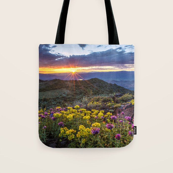 Last glimmer of mountain sunset,  Monitor Pass Topaz Lake, Nevada panoramic wildflower  photograph Tote Bag Gallery Image 1