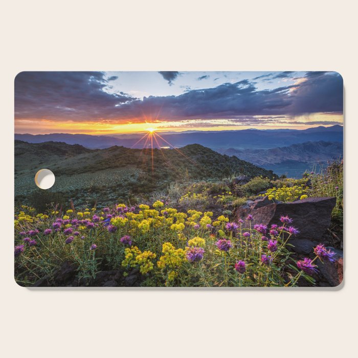 Last glimmer of mountain sunset,  Monitor Pass Topaz Lake, Nevada panoramic wildflower  photograph Cutting Board Gallery Image 1