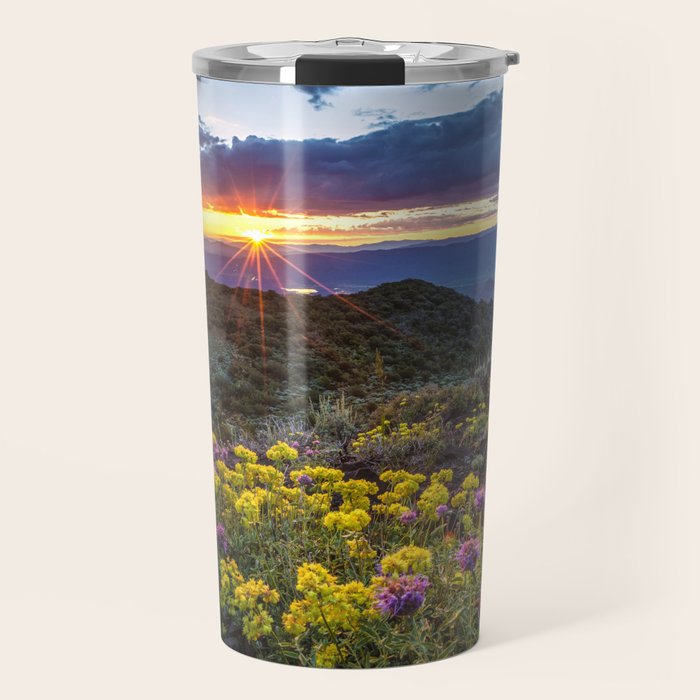 Last glimmer of mountain sunset,  Monitor Pass Topaz Lake, Nevada panoramic wildflower  photograph Travel Mug Gallery Image 1