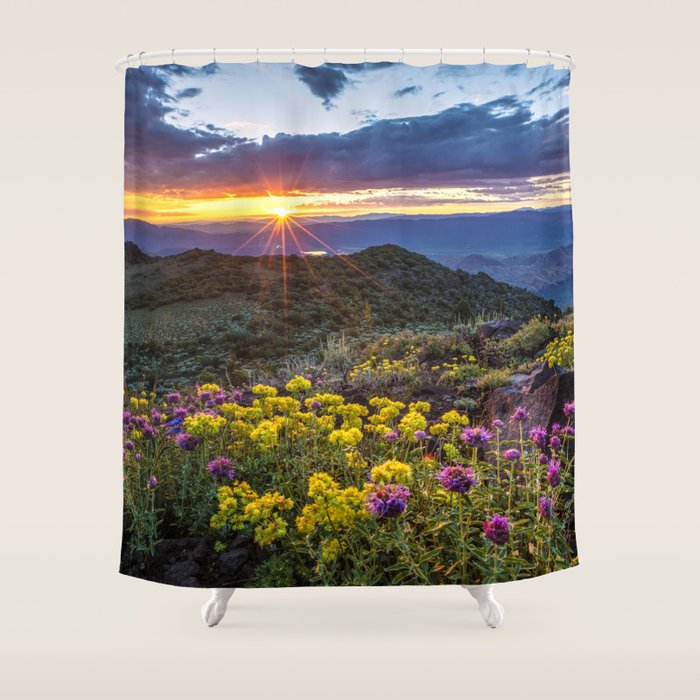 Last glimmer of mountain sunset,  Monitor Pass Topaz Lake, Nevada panoramic wildflower  photograph Shower Curtain Gallery Image 1