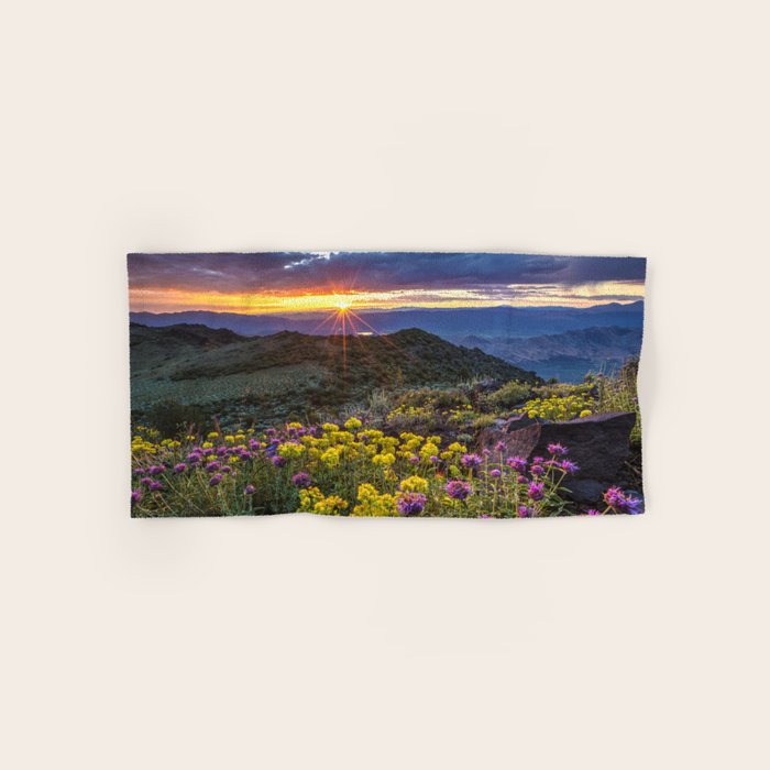Last glimmer of mountain sunset,  Monitor Pass Topaz Lake, Nevada panoramic wildflower  photograph Bath Towel Gallery Image 1