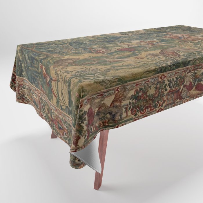 Antique 16th Century Pastoral Hunting Scene Flemish Tapestry Tablecloth Gallery Image 1