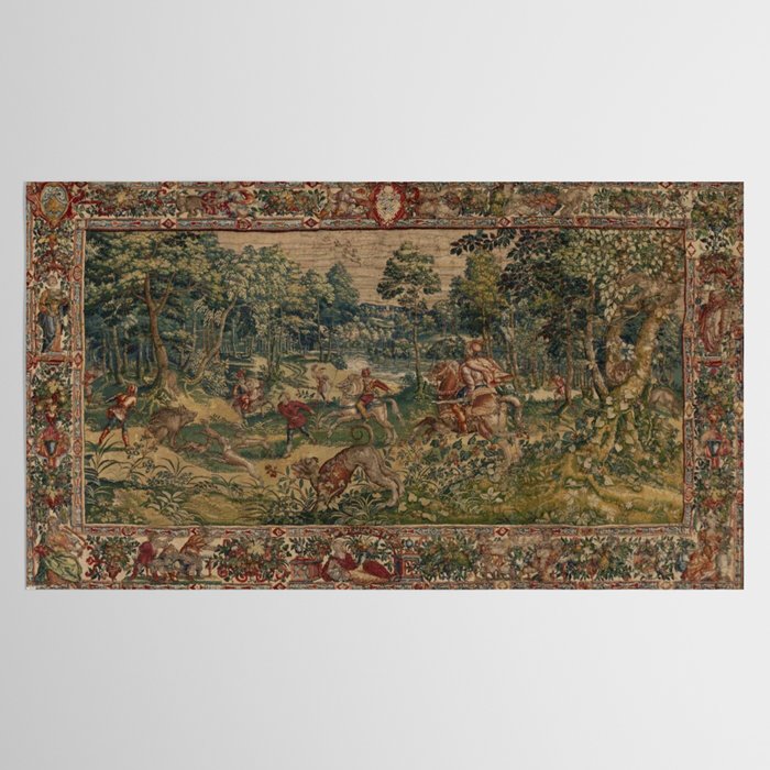 Antique 16th Century Pastoral Hunting Scene Flemish Tapestry Tablecloth Gallery Image 2