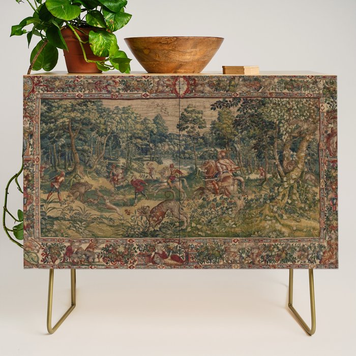 Antique 16th Century Pastoral Hunting Scene Flemish Tapestry Credenza Gallery Image 1