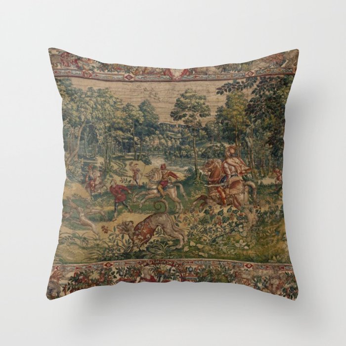 Antique 16th Century Pastoral Hunting Scene Flemish Tapestry Throw Pillow Gallery Image 1