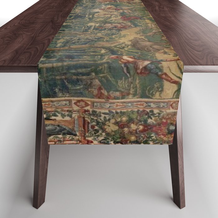 Antique 16th Century Pastoral Hunting Scene Flemish Tapestry Table Runner Gallery Image 1