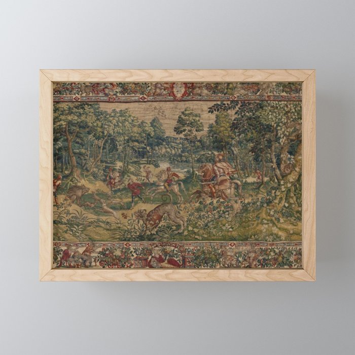 Antique 16th Century Pastoral Hunting Scene Flemish Tapestry Mini Art Print Gallery Image 1
