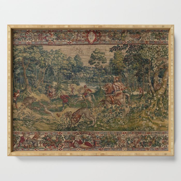 Antique 16th Century Pastoral Hunting Scene Flemish Tapestry Serving Tray Gallery Image 1