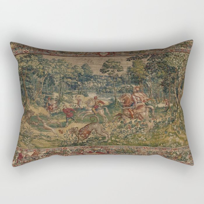 Antique 16th Century Pastoral Hunting Scene Flemish Tapestry Rectangular Pillow Gallery Image 2