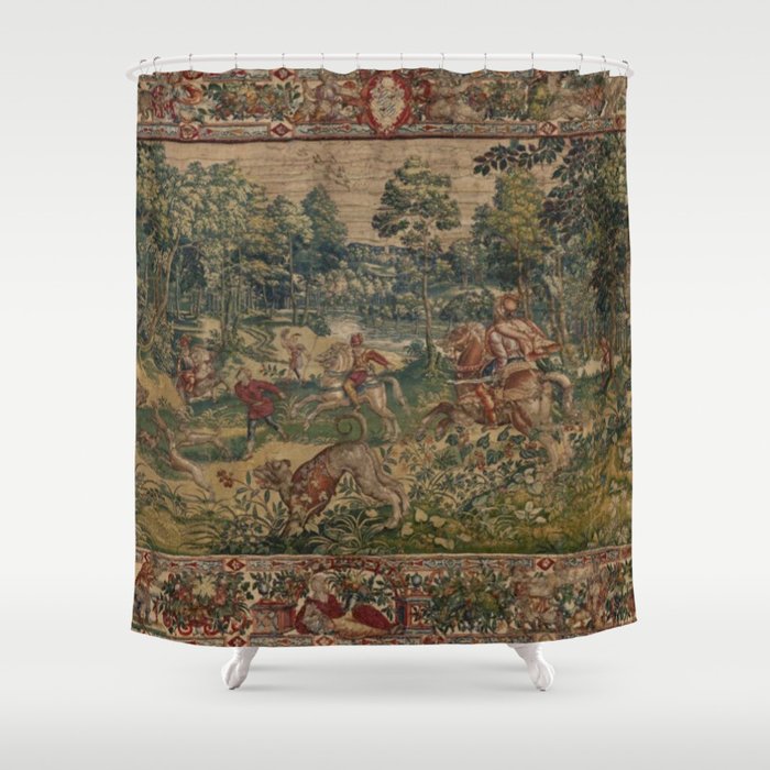 Antique 16th Century Pastoral Hunting Scene Flemish Tapestry Shower Curtain Gallery Image 1