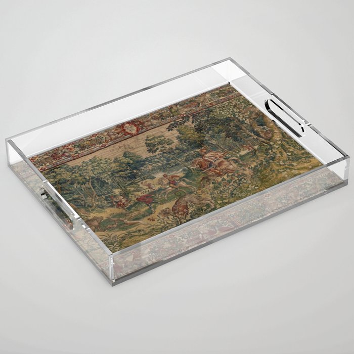 Antique 16th Century Pastoral Hunting Scene Flemish Tapestry Acrylic Tray Gallery Image 1