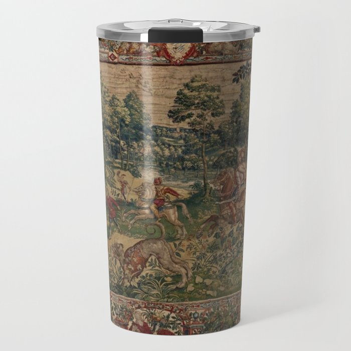 Antique 16th Century Pastoral Hunting Scene Flemish Tapestry Travel Mug Gallery Image 1