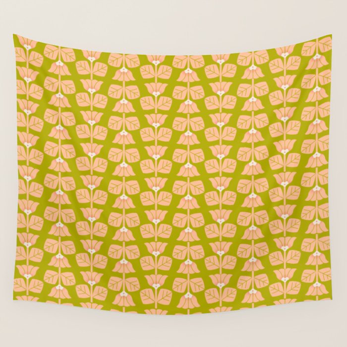 Retro Peach Blossoms Pattern - Green Wall Tapestry Gallery Image 1