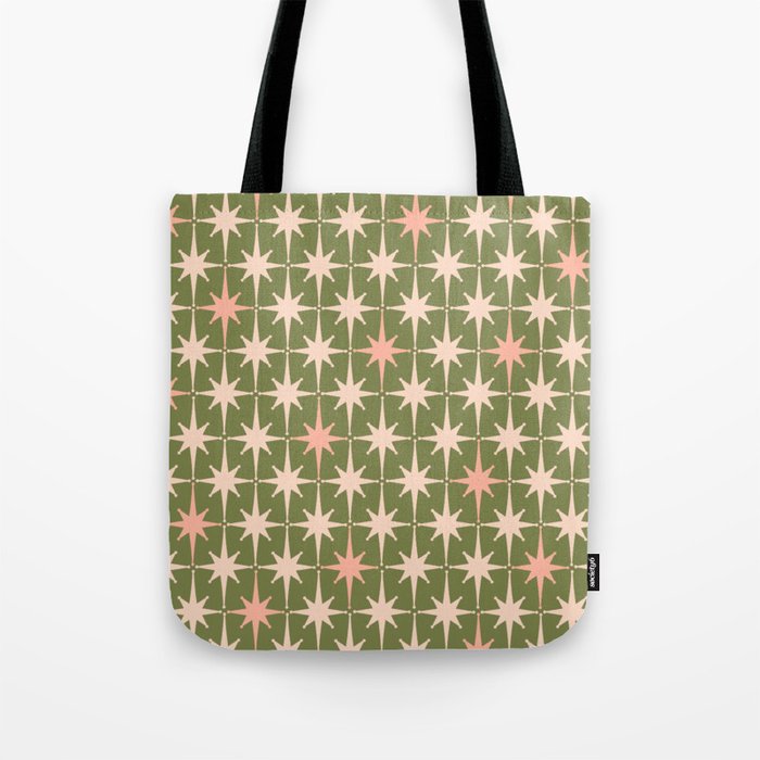 Midcentury Modern Atomic Starburst Pattern in Retro Olive Green and Vintage Blush Pink Tote Bag Gallery Image 1