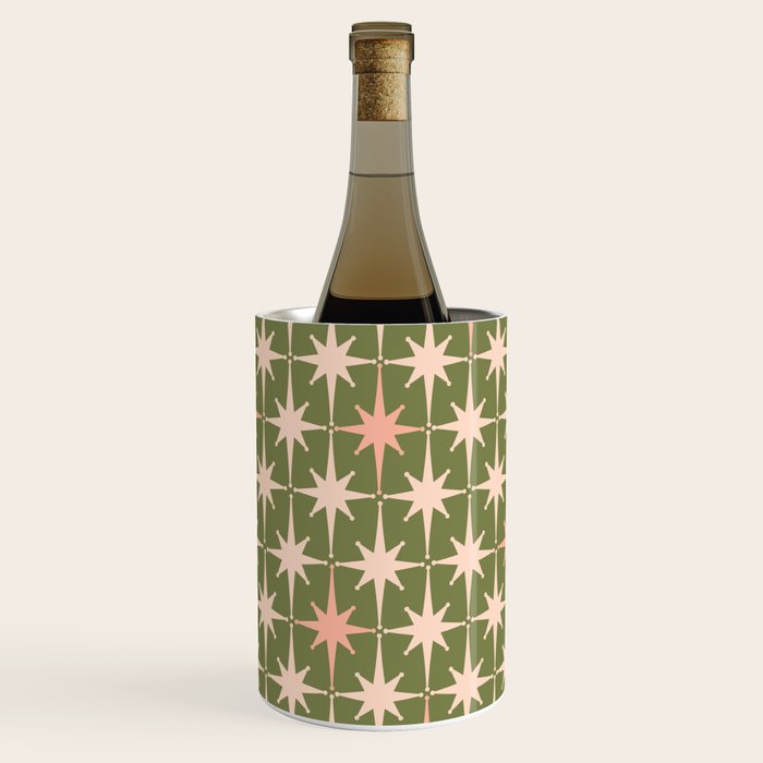 Midcentury Modern Atomic Starburst Pattern in Retro Olive Green and Vintage Blush Pink Wine Chiller Gallery Image 3