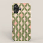 Midcentury Modern Atomic Starburst Pattern in Retro Olive Green and Vintage Blush Pink iPhone Case Gallery Image 1