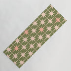 Midcentury Modern Atomic Starburst Pattern in Retro Olive Green and Vintage Blush Pink Yoga Mat Gallery Image 1