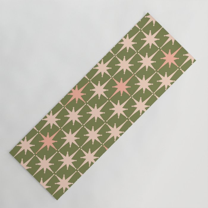 Midcentury Modern Atomic Starburst Pattern in Retro Olive Green and Vintage Blush Pink Yoga Mat Gallery Image 1