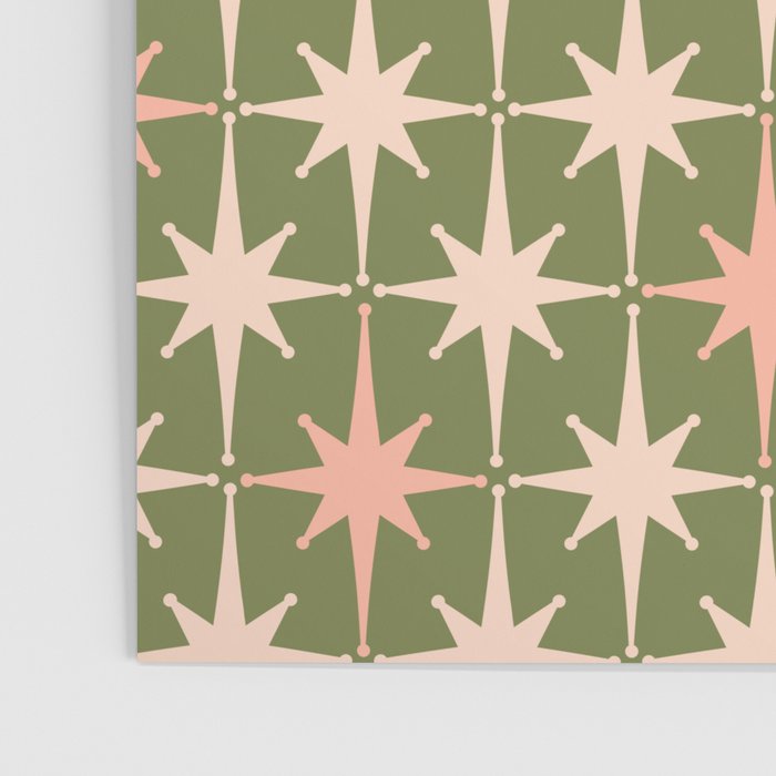 Midcentury Modern Atomic Starburst Pattern in Retro Olive Green and Vintage Blush Pink Poster Gallery Image 3