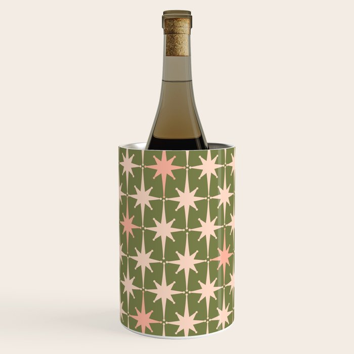 Midcentury Modern Atomic Starburst Pattern in Retro Olive Green and Vintage Blush Pink Wine Chiller Gallery Image 2