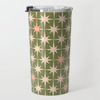 Midcentury Modern Atomic Starburst Pattern in Retro Olive Green and Vintage Blush Pink Travel Mug Gallery Image 3