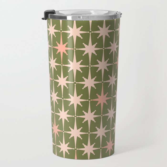 Midcentury Modern Atomic Starburst Pattern in Retro Olive Green and Vintage Blush Pink Travel Mug Gallery Image 3