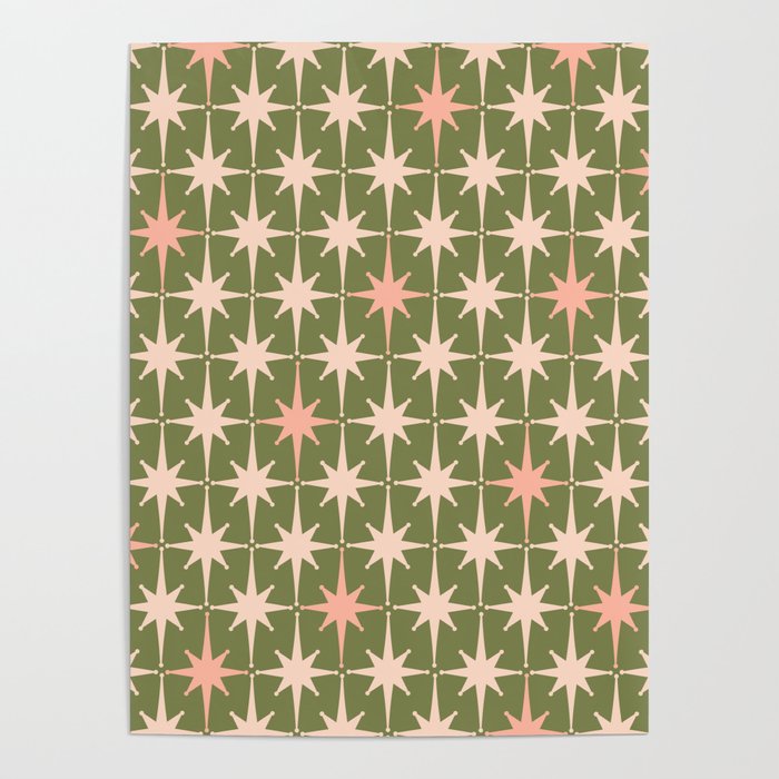 Midcentury Modern Atomic Starburst Pattern in Retro Olive Green and Vintage Blush Pink Poster Gallery Image 1