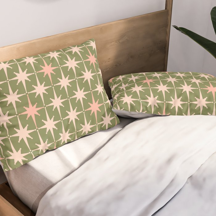 Midcentury Modern Atomic Starburst Pattern in Retro Olive Green and Vintage Blush Pink Pillow Sham Gallery Image 2