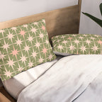 Midcentury Modern Atomic Starburst Pattern in Retro Olive Green and Vintage Blush Pink Pillow Sham Gallery Image 2