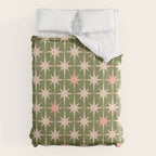 Midcentury Modern Atomic Starburst Pattern in Retro Olive Green and Vintage Blush Pink Duvet Cover Gallery Image 6