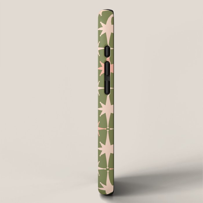 Midcentury Modern Atomic Starburst Pattern in Retro Olive Green and Vintage Blush Pink iPhone Case Gallery Image 2