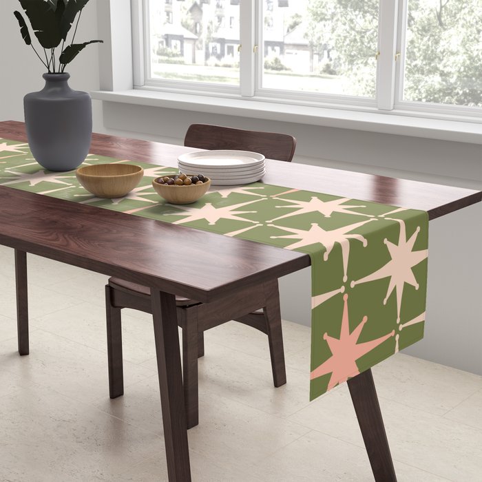 Midcentury Modern Atomic Starburst Pattern in Retro Olive Green and Vintage Blush Pink Table Runner Gallery Image 2