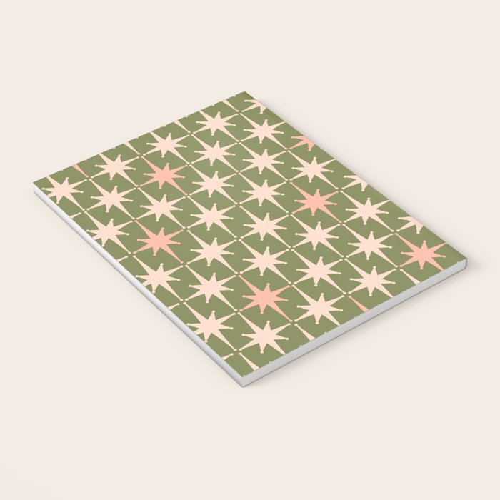 Midcentury Modern Atomic Starburst Pattern in Retro Olive Green and Vintage Blush Pink Notebook Gallery Image 3
