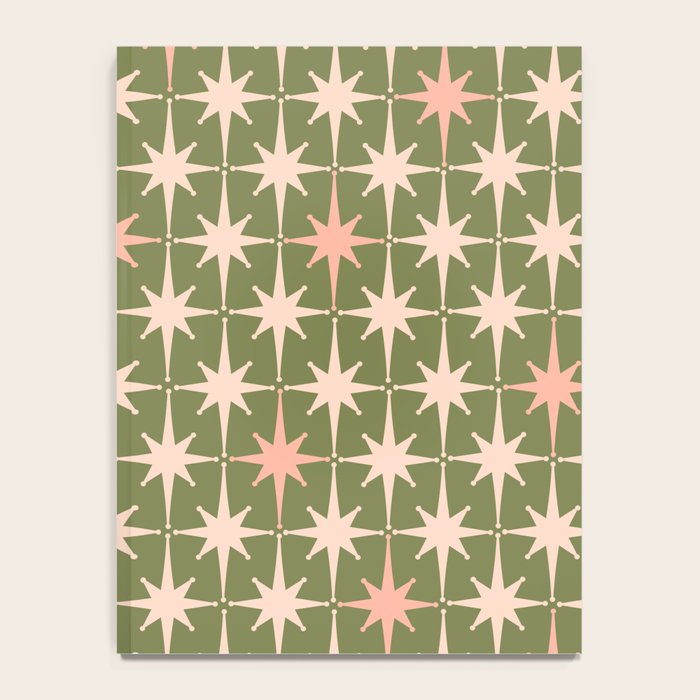 Midcentury Modern Atomic Starburst Pattern in Retro Olive Green and Vintage Blush Pink Notebook Gallery Image 4