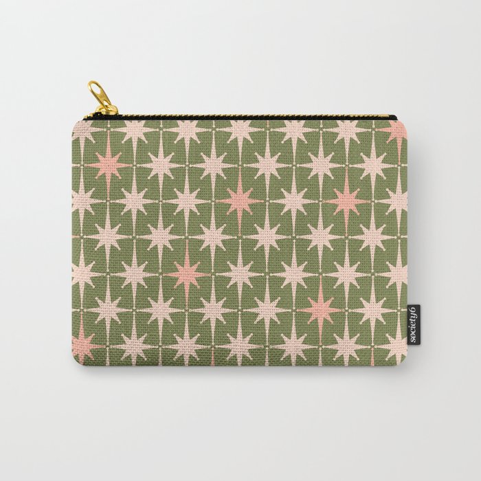 Midcentury Modern Atomic Starburst Pattern in Retro Olive Green and Vintage Blush Pink Carry All Pouch Gallery Image 1