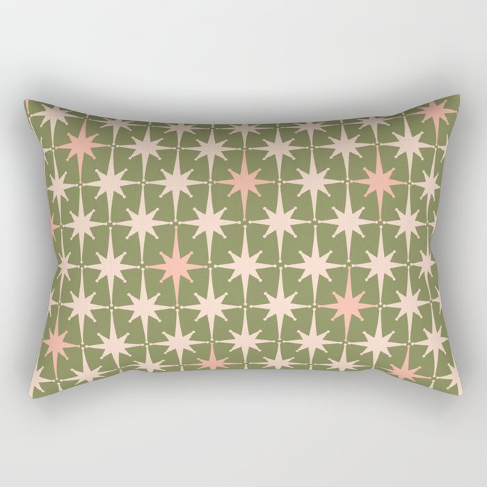 Midcentury Modern Atomic Starburst Pattern in Retro Olive Green and Vintage Blush Pink Rectangular Pillow Gallery Image 2