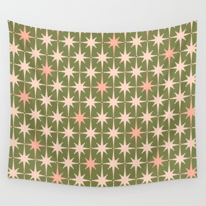 Midcentury Modern Atomic Starburst Pattern in Retro Olive Green and Vintage Blush Pink Wall Tapestry Gallery Image 4